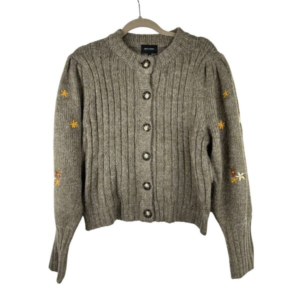 Driftwood Women's Medium Cardigan Sweater Knit Button Down Warm Tan Embroidery - Picture 1 of 12